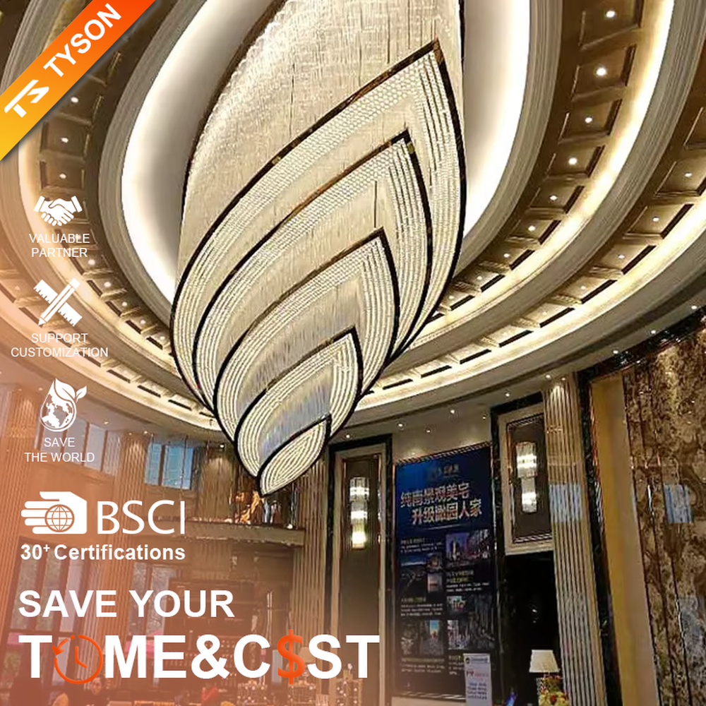 Modern luxurious waterdrop-shaped layered curved golden crystal (light bead) ceiling chandelier (black edge decoration), warm light effect, creating a high-end grand artistic space atmosphere.