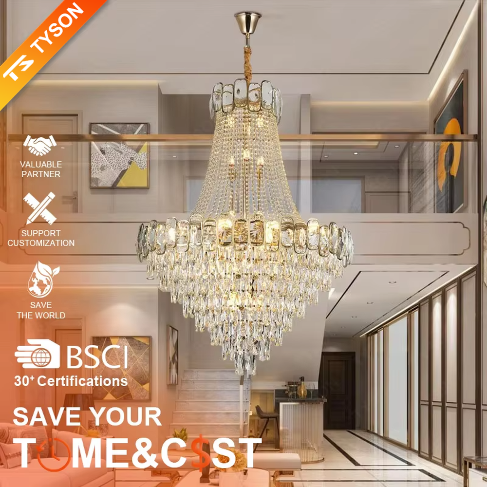 Luxurious golden double-layer crystal chandelier, upper and lower rectangular crystal decorations + crystal tassel shape, warm light presents brilliant light effect through crystals, creating a high-end luxurious space atmosphere.