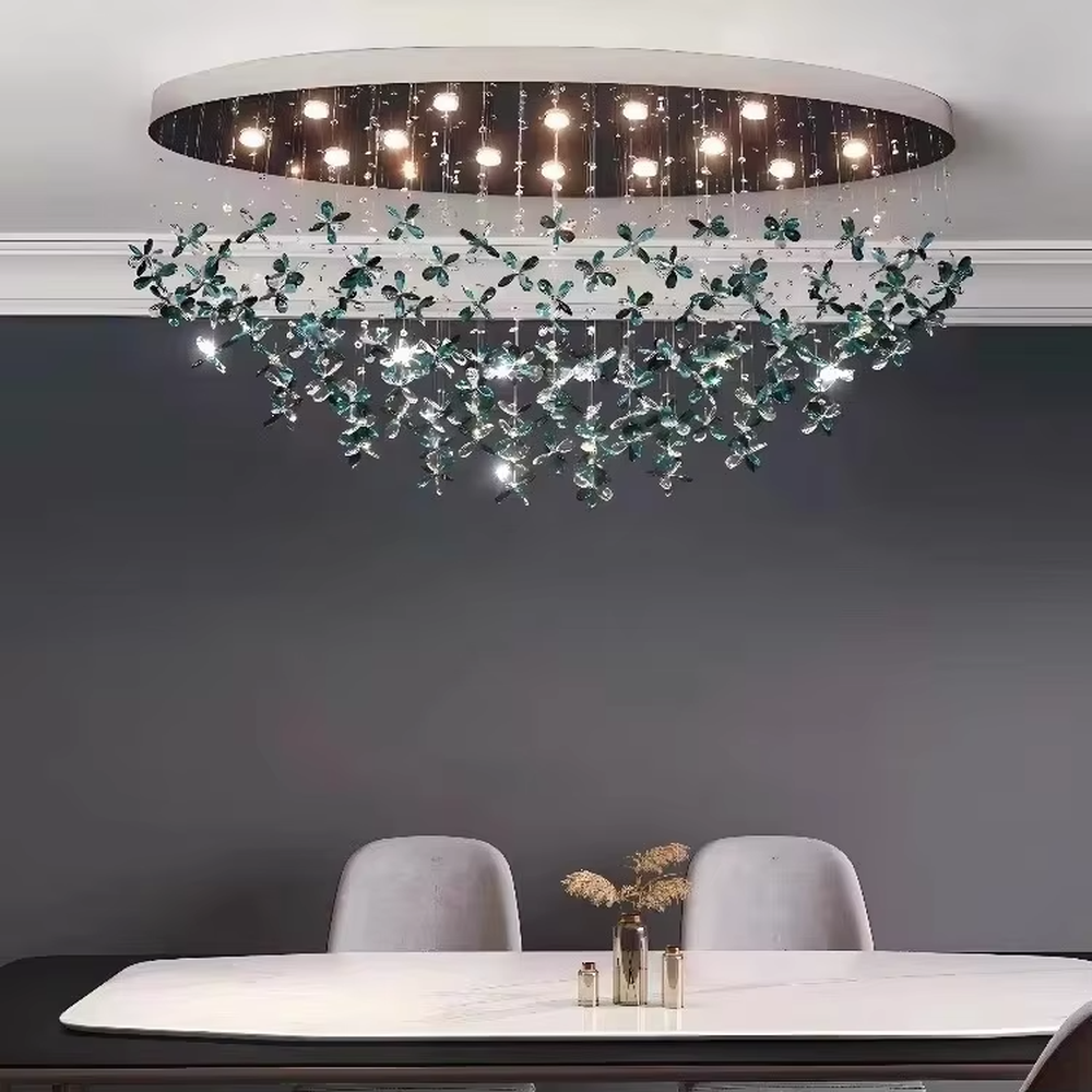 Art butterfly-shaped dark green crystal ceiling chandelier, warm light effect, creating a brilliant and dynamic romantic space atmosphere.