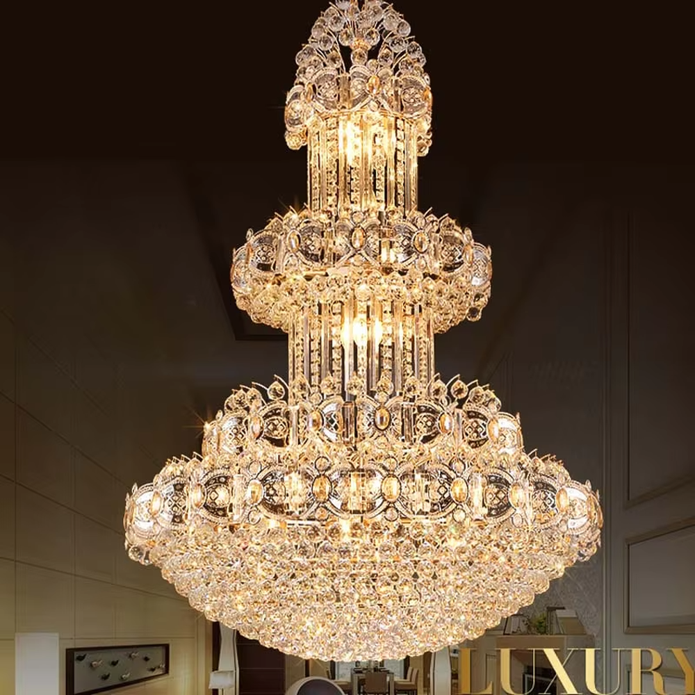 Palace-level luxurious multi-layer full-crystal chandelier, layered crystal shape + brilliant refraction light effect, creating a top-tier noble luxurious high-ceiling space atmosphere.