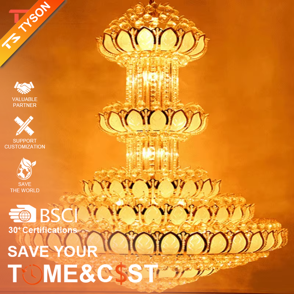 Southeast Asian religious-style multi-layer lotus-shaped golden crystal chandelier, layered lotus structure + full golden crystal material + warm light effect, creating a solemn and luxurious religious atmosphere.