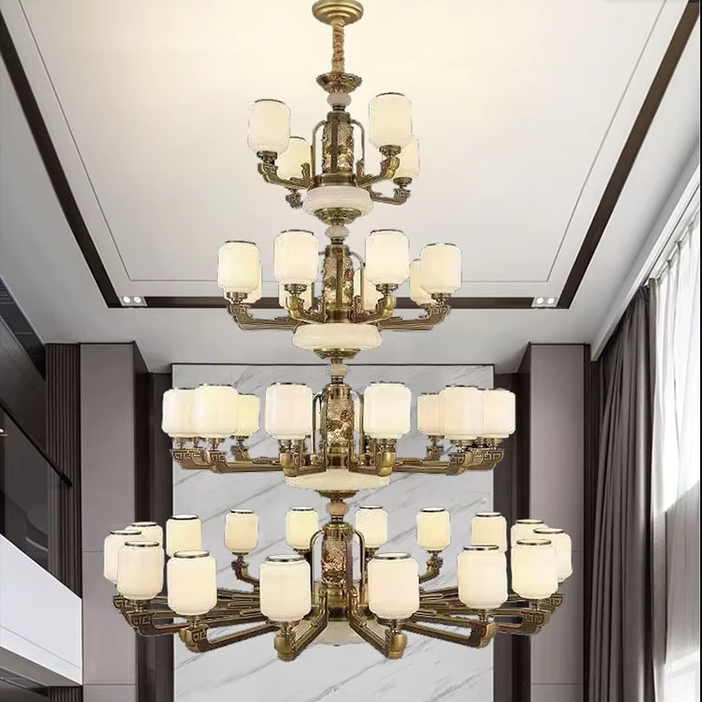 New Chinese-style luxurious multi-layer vintage copper chandelier, 4-layer structure + white jade texture lampshades + vintage copper carved frame, soft warm light creates elegant Chinese atmosphere.