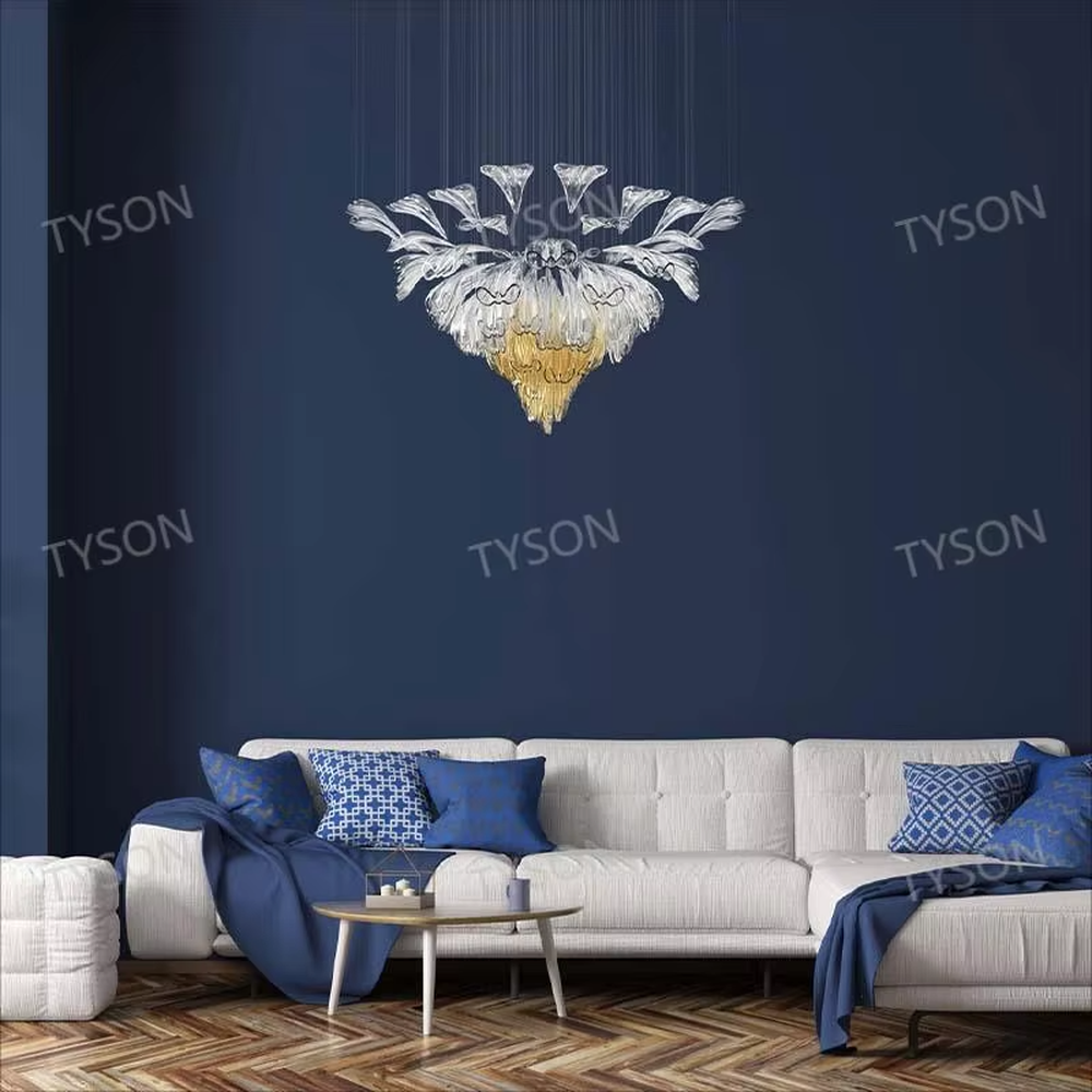 Art calla lily crystal chandelier (transparent + gradient yellow crystal calla lily shape), warm light effect, creating an elegant and dreamy high-end space atmosphere.