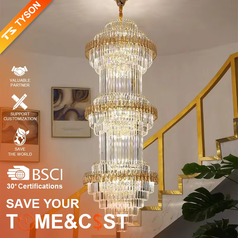Modern top-luxury multi-layer golden frame crystal high-ceiling chandelier (with black-gray decorative strips), transparent long crystals + golden frame + warm light effect, creating a luxurious and grand atmosphere in high-ceiling spaces.