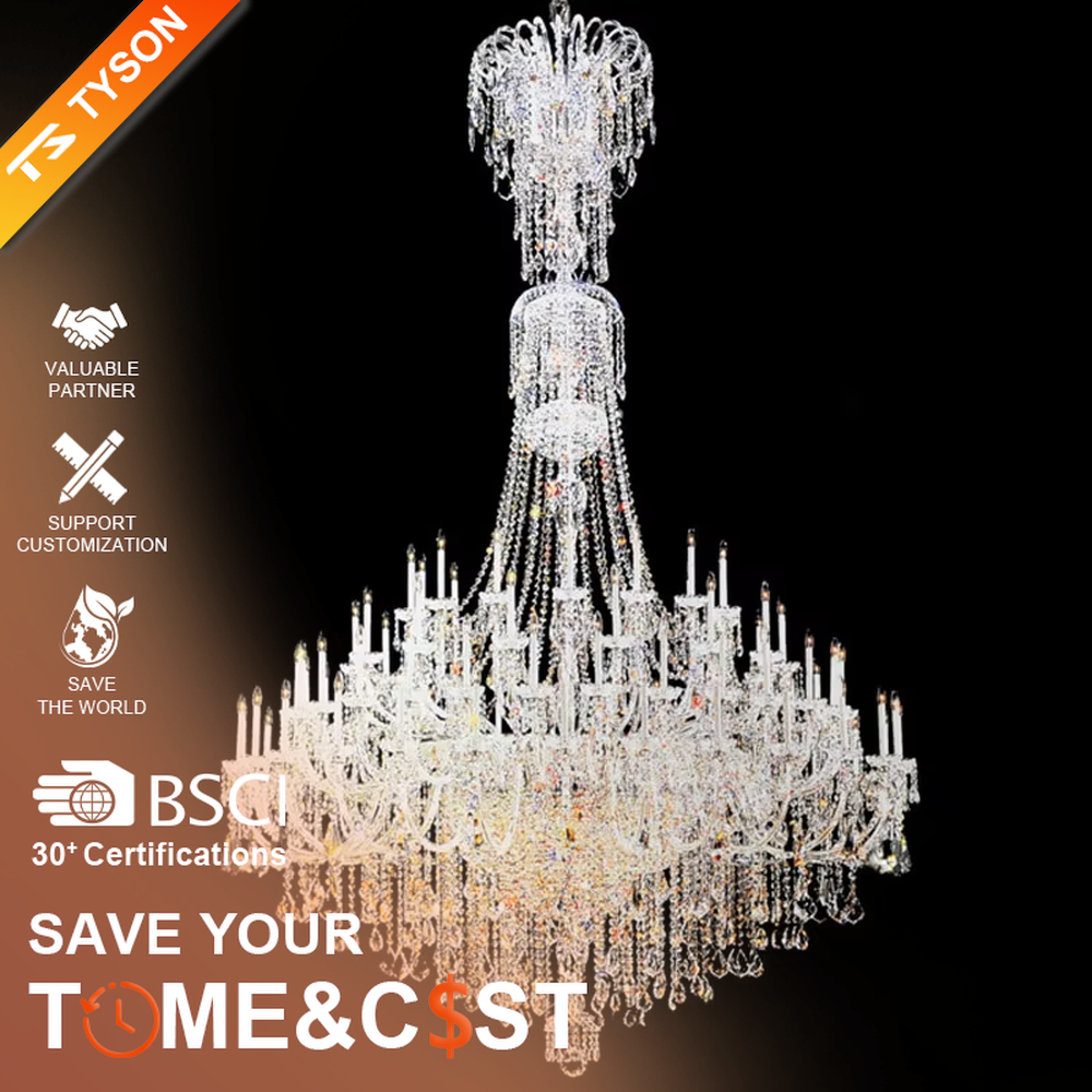 European court-style full-crystal multi-layer candelabra chandelier, transparent crystal arms + crystal bead pendants + candle-shaped bulbs, brilliant and gorgeous lighting, creating a luxurious retro atmosphere.