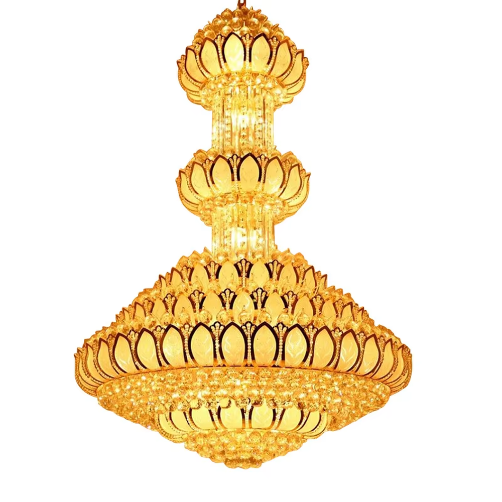 Southeast Asian religious-style multi-layer lotus-shaped golden crystal chandelier, layered lotus structure + full golden crystal material + warm light effect, creating a solemn and luxurious religious atmosphere.
