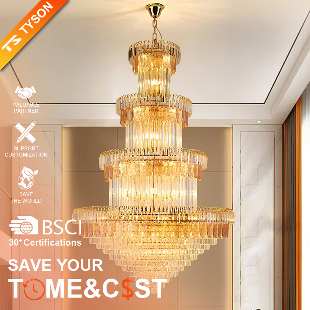 Luxurious multi-layer gradient crystal tower chandelier, golden metal frame paired with gold-transparent gradient crystal pendants, brilliant and gorgeous lighting, creating a high-end luxurious atmosphere.