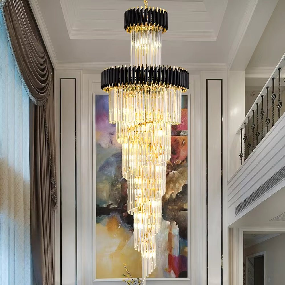 Luxurious multi-layer golden frame crystal high-ceiling chandelier, decorated with pendant transparent crystals, brilliant and gorgeous lighting, creating a high-end luxurious atmosphere.