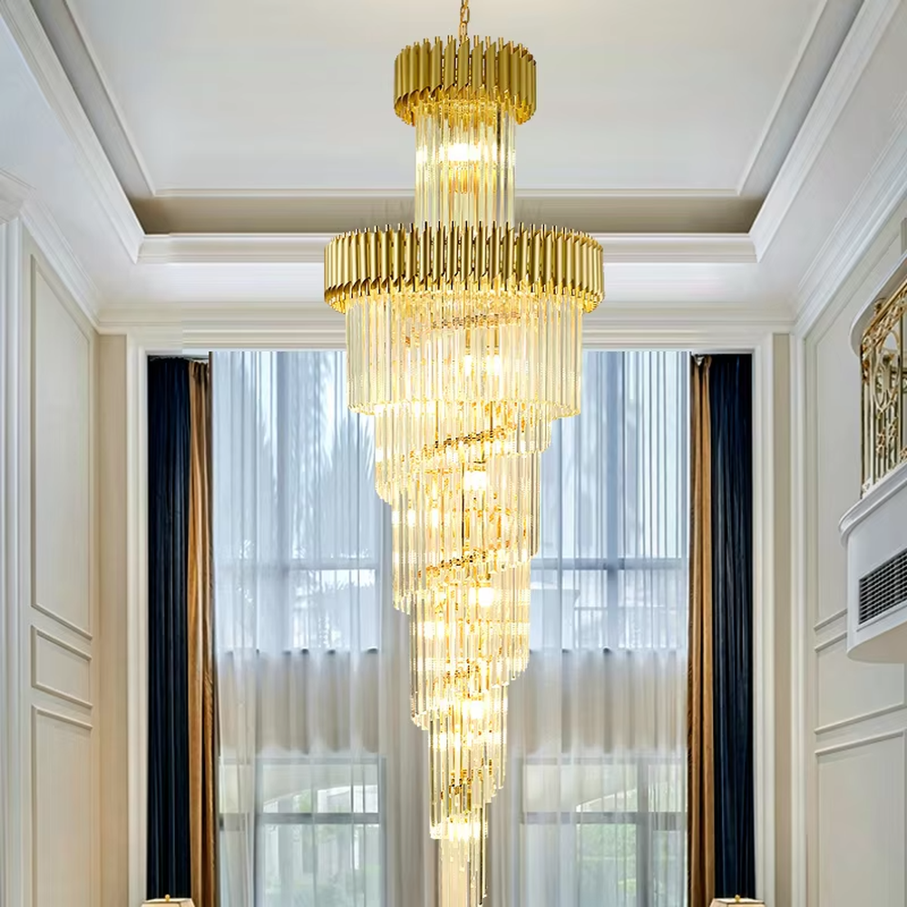 Luxurious multi-layer golden frame crystal high-ceiling chandelier, decorated with pendant transparent crystals, brilliant and gorgeous lighting, creating a high-end luxurious atmosphere.