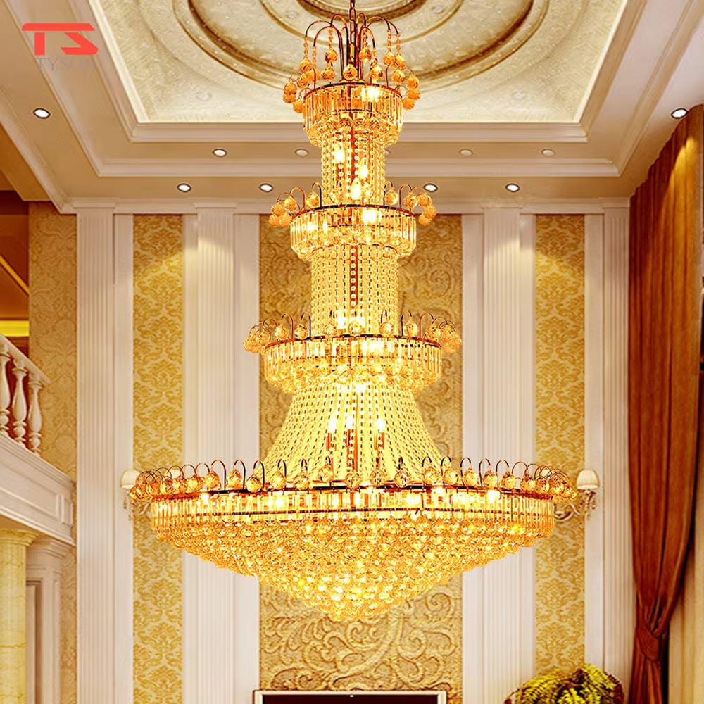 European-style top-luxury full golden frame multi-layer tower-shaped crystal (with spherical decorations) high-ceiling chandelier, warm light effect, creating an extremely gorgeous top-luxury space atmosphere.