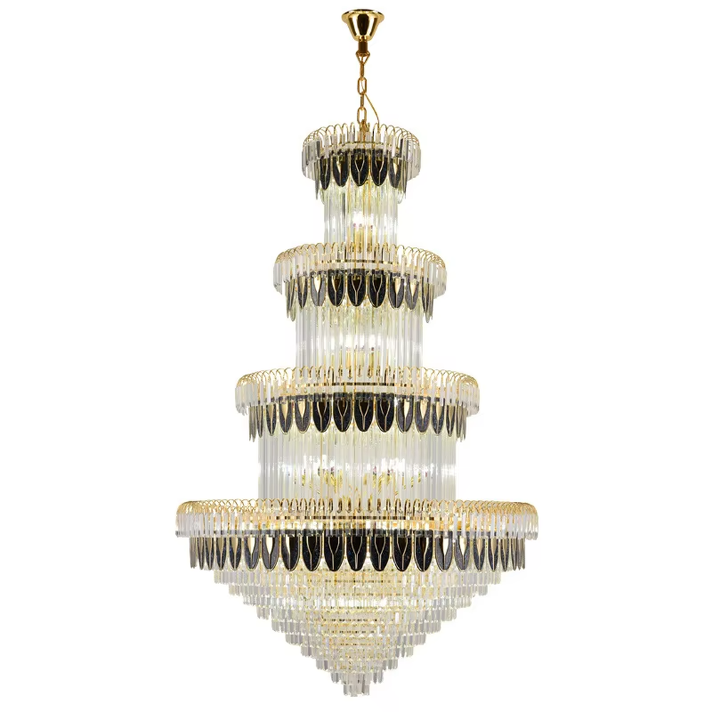 Luxurious multi-layer black-gold decorative crystal chandelier, golden frame paired with transparent crystals and black decorative pieces, brilliant and gorgeous lighting, creating a high-end luxurious atmosphere.
