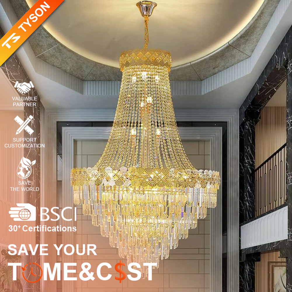 Top-luxury golden frame multi-layer crystal high-ceiling chandelier, tower-shaped gradient design + full crystal strings + carved decorations, brilliant warm light creates noble luxurious atmosphere.