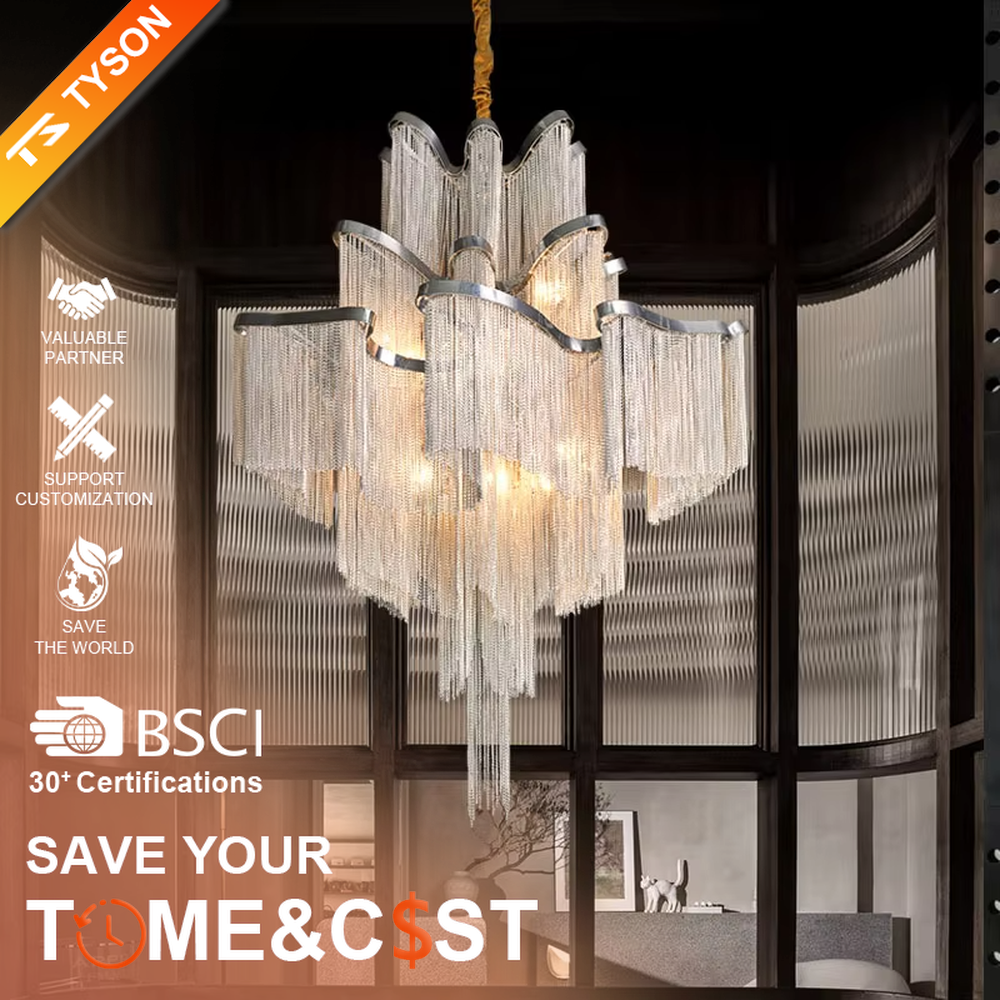Luxury multi-layer tassel crystal chandelier (gradient crystal tassels + metal frame), warm light effect, creating a magnificent and luxurious high-ceiling space atmosphere.