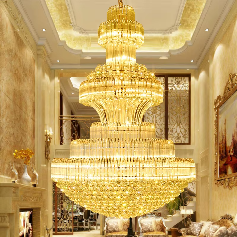 European-style top-luxury multi-layer full golden crystal tower-shaped chandelier, warm light effect, creating an extremely gorgeous top-luxury space atmosphere.