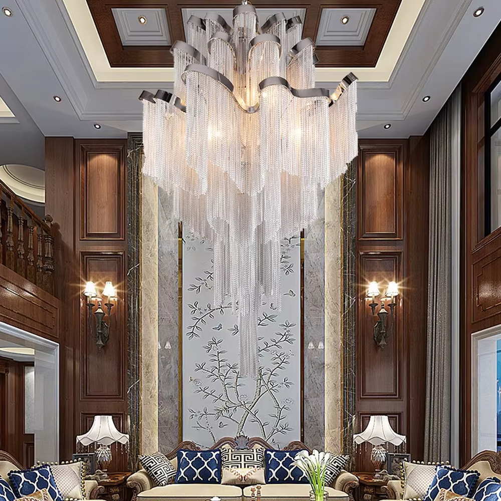 Luxury multi-layer tassel crystal chandelier (gradient crystal tassels + metal frame), warm light effect, creating a magnificent and luxurious high-ceiling space atmosphere.