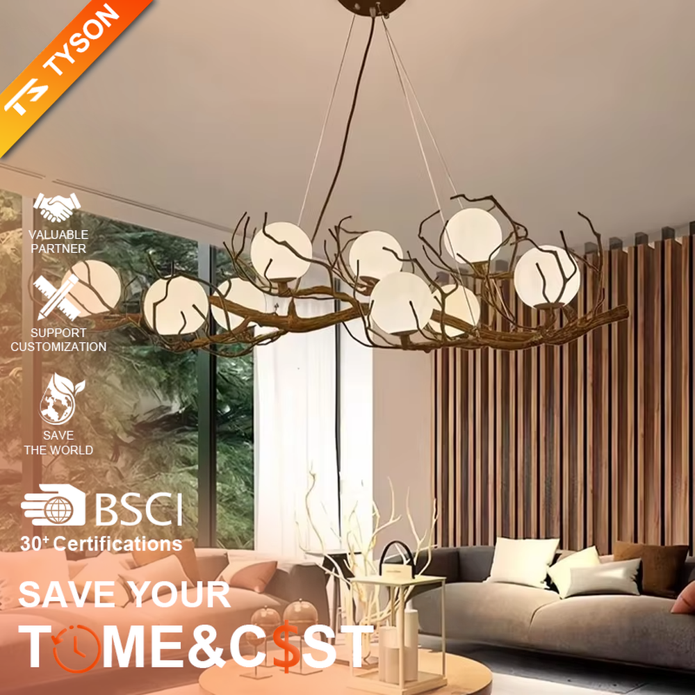 Natural dry branch glass ball chandelier (simulated dry branch frame + milk-white glass balls), warm light effect, creating a forest-style healing space atmosphere.