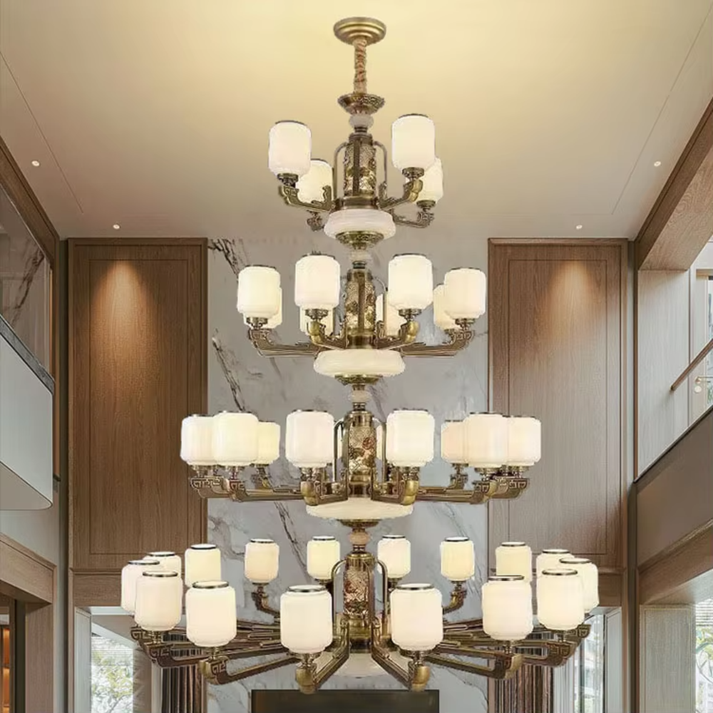 New Chinese-style luxurious multi-layer vintage copper chandelier, 4-layer structure + white jade texture lampshades + vintage copper carved frame, soft warm light creates elegant Chinese atmosphere.