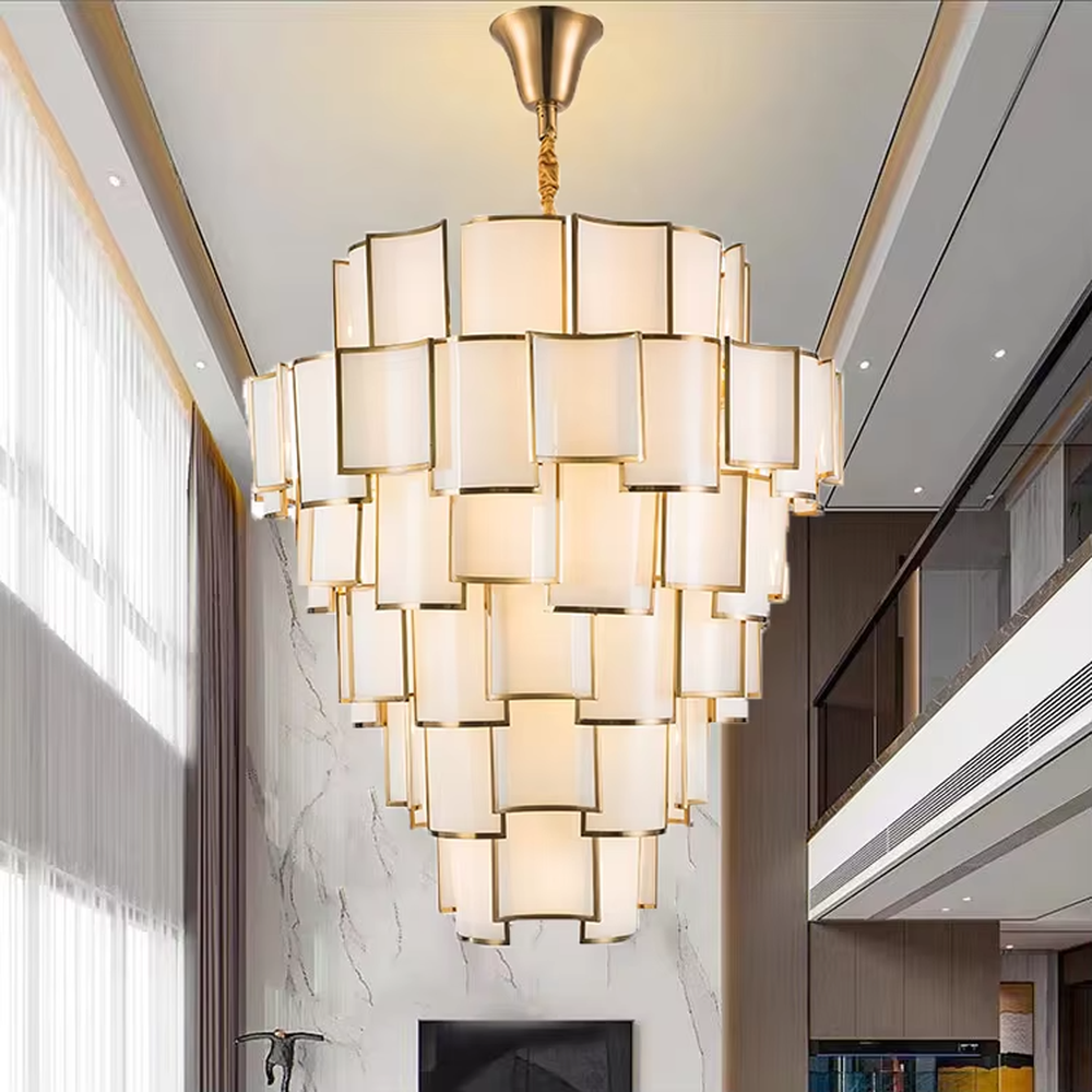 This new Chinese style light luxury large chandelier features a gold metal frame, paired with multi-layer off-white fabric lampshades, in a stacked cone shape. It serves both lighting and decorative purposes, ideal for high-end high-ceiling spaces such as villa high-ceiling living rooms, hotel lobbies, and sales offices.