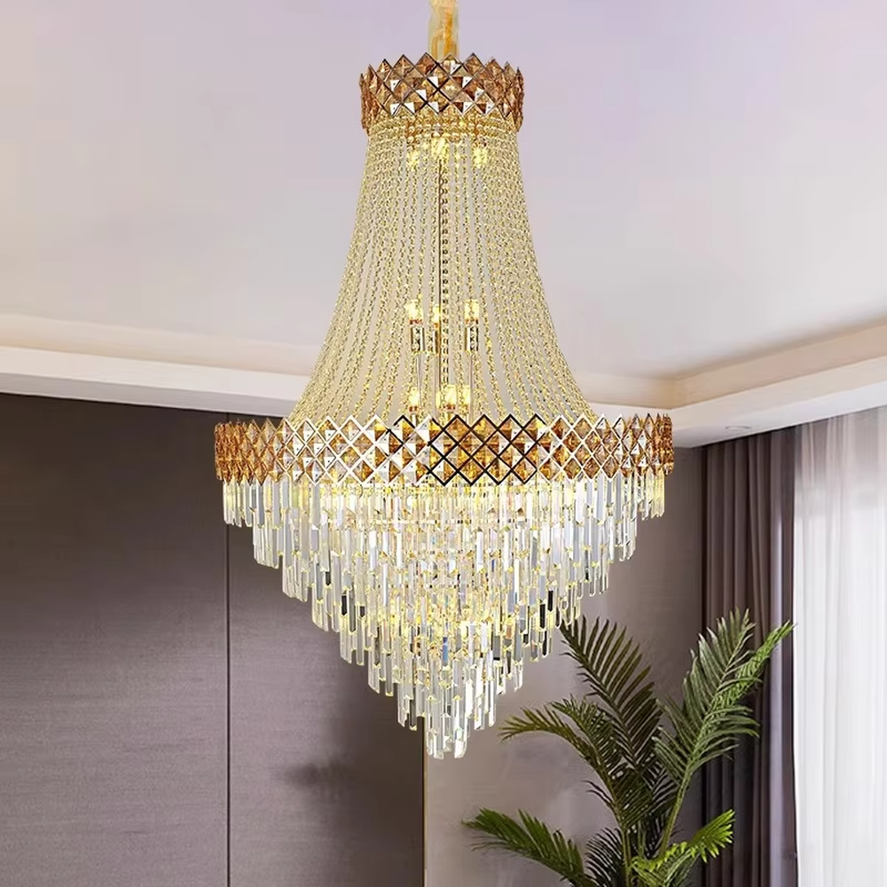 Luxurious black-gold diamond decorative umbrella-shaped crystal chandelier, golden chains + transparent crystal pendants + black diamond decorations, brilliant and gorgeous lighting, creating a high-end luxurious atmosphere.