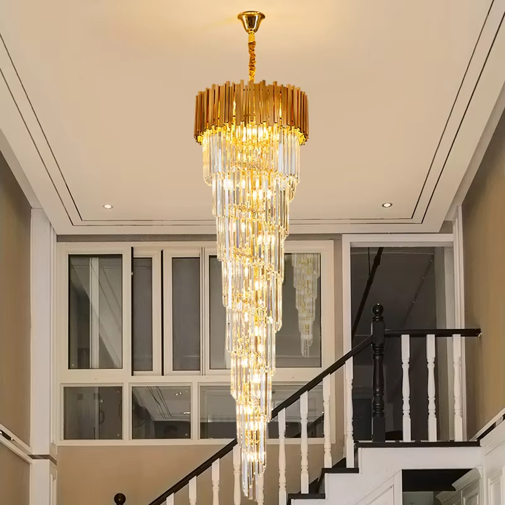 Modern luxurious golden-top long crystal layered high-ceiling chandelier, warm light effect, creating a high-end grand space atmosphere.