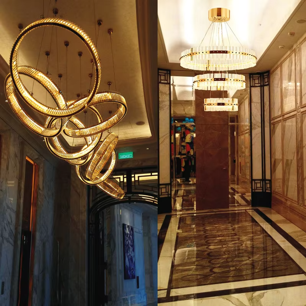 This light luxury spiral ring chandelier features a gold metal frame with embedded crystal/acrylic light strips, in a multi-layer scattered spiral shape, serving both lighting and decorative purposes, ideal for high-end high-ceiling spaces such as villa high-ceiling staircases, hotel lobbies, and sales offices.