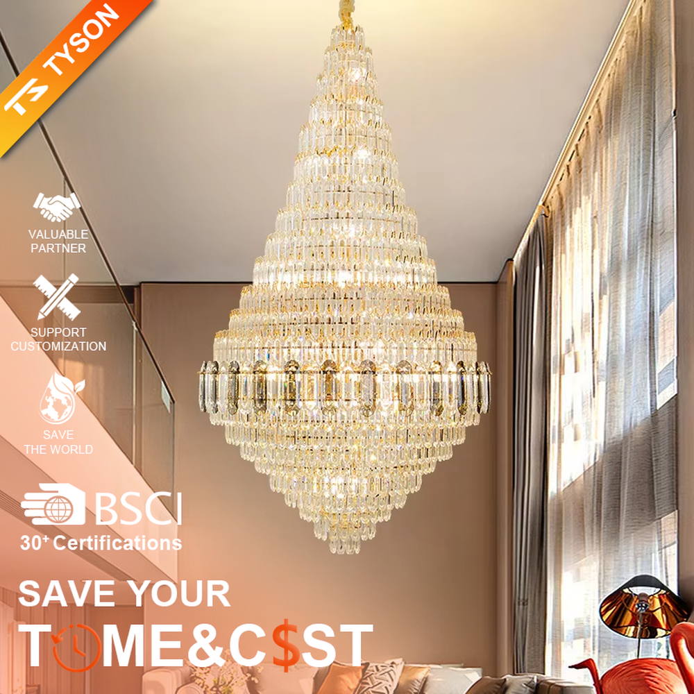 Luxurious conical full-crystal chandelier, golden metal frame + dense long crystal pendants, brilliant and gorgeous lighting, creating a high-end luxurious atmosphere.