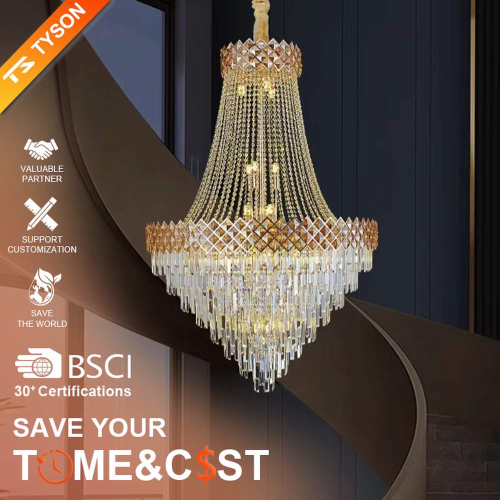Luxurious black-gold diamond decorative umbrella-shaped crystal chandelier, golden chains + transparent crystal pendants + black diamond decorations, brilliant and gorgeous lighting, creating a high-end luxurious atmosphere.