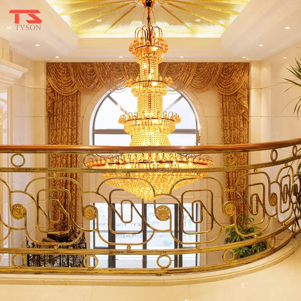 European-style top-luxury full golden frame multi-layer tower-shaped crystal (with spherical decorations) high-ceiling chandelier, warm light effect, creating an extremely gorgeous top-luxury space atmosphere.