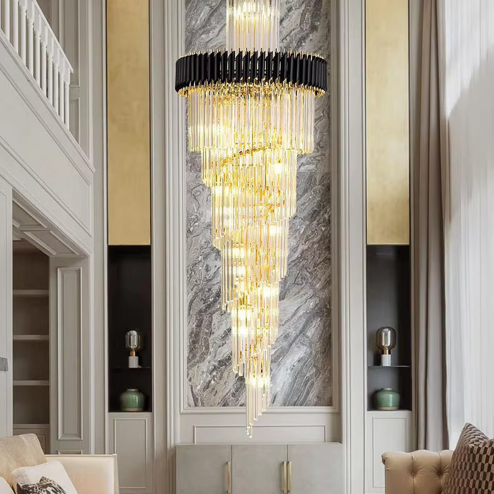 Luxurious gold-top multi-layer crystal column high-ceiling chandelier, gold decorations + stacked transparent long crystal columns + brilliant light effect, creating a high-end luxurious high-ceiling space atmosphere.