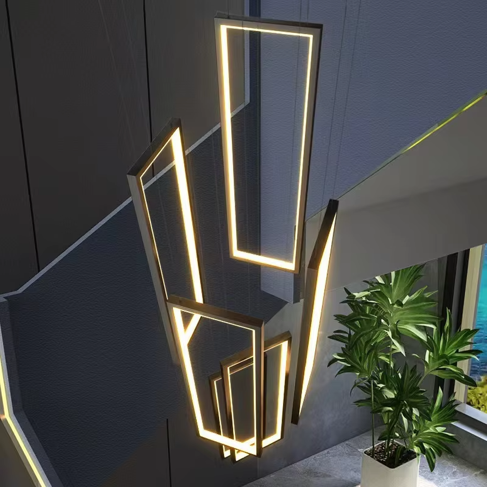 Modern geometric line LED chandelier (metal frame + warm light), warm light effect, creating a minimalist high-end futuristic space atmosphere.