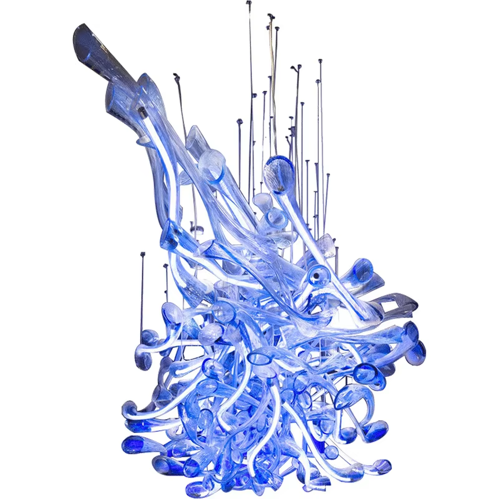This large-scale art glass chandelier features a streamlined nebula/wave shape made of blue-white gradient transparent glass strips, hung in a suspended manner. It serves both lighting and artistic decorative purposes, ideal for high-ceiling commercial spaces such as hotel lobbies, high-end bars, and sales offices.