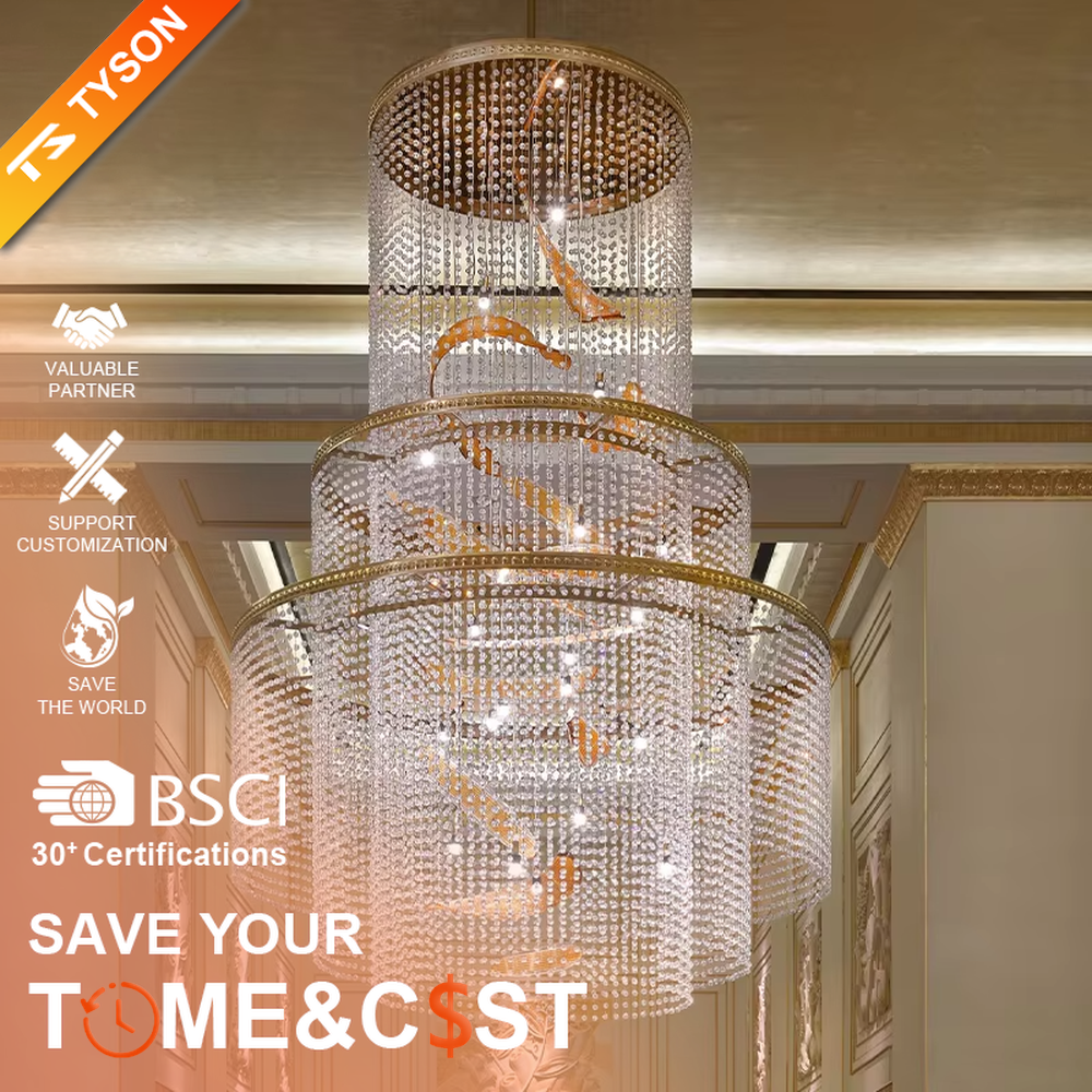 Luxury multi-layer crystal chandelier (spiral gold accessories + full-set crystals), warm light effect, creating a luxurious and elegant high-end space atmosphere.