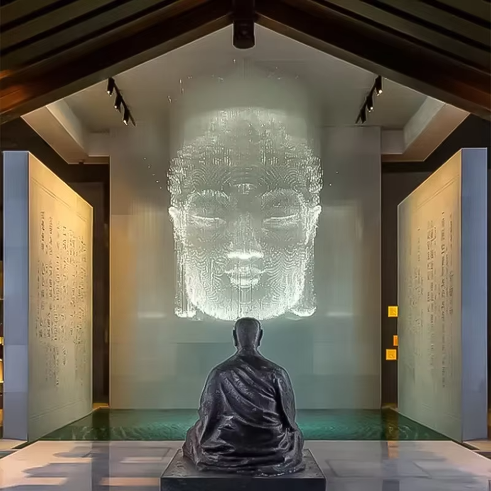 Art portrait light thread chandelier (light thread array + portrait shape), warm light effect, creating a shocking artistic space atmosphere.