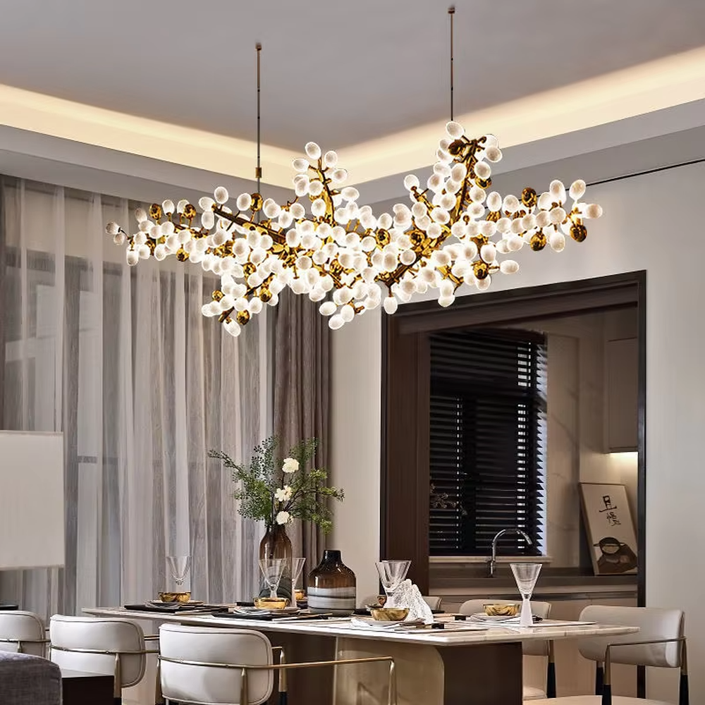 Art nebula glass ball chandelier (gold branch frame + milk-white glass balls), warm light effect, creating a dreamy and high-end space atmosphere.