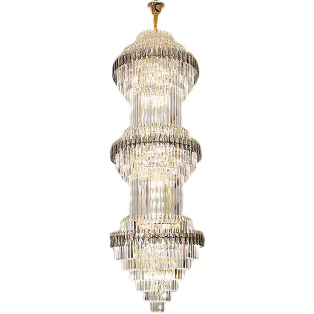 Modern top-luxury multi-layer crystal tower-shaped high-ceiling chandelier (gold-gray frame + long crystals), warm light effect, creating a luxurious and grand space atmosphere.