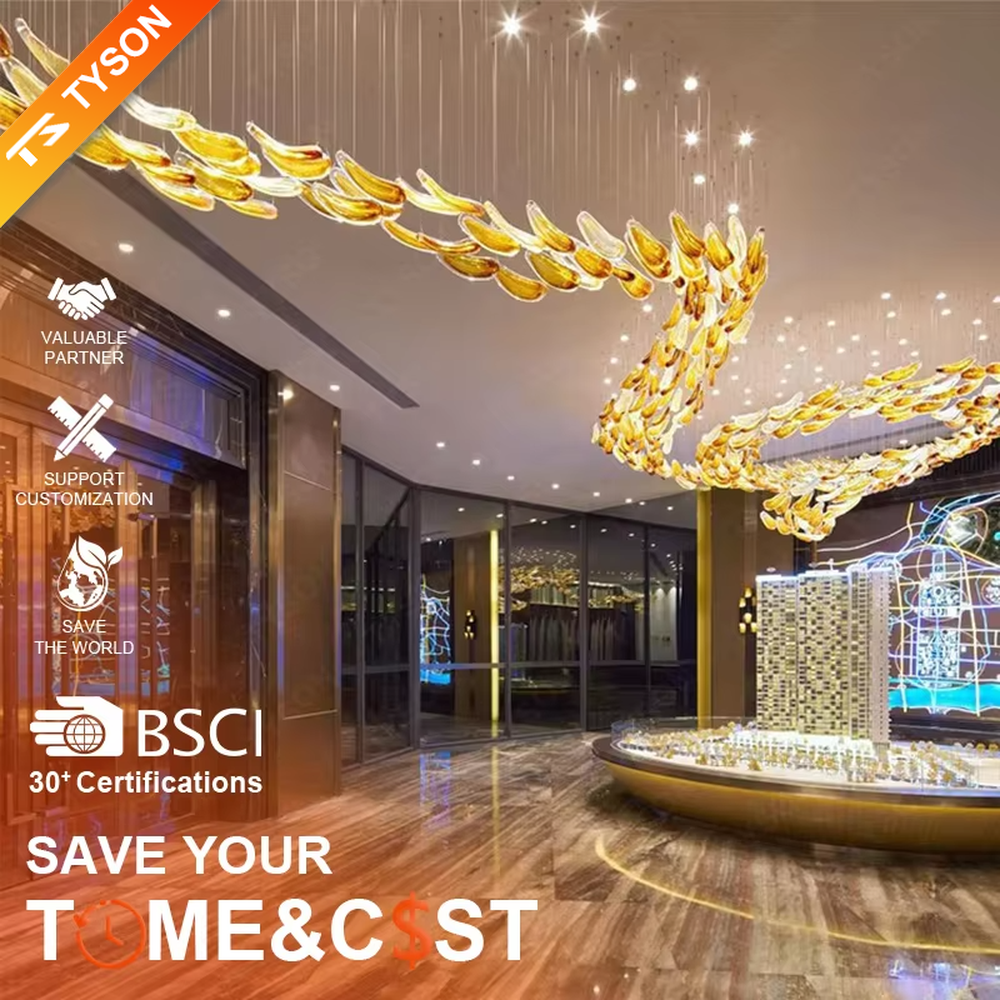 This large custom art glass chandelier features a streamlined school-of-fish/cloud-belt shape made of yellow-white gradient glass leaves, suspended in a floating manner, serving both lighting and artistic decoration purposes, ideal for high-ceiling commercial spaces such as sales offices, hotel lobbies, and high-end clubs.