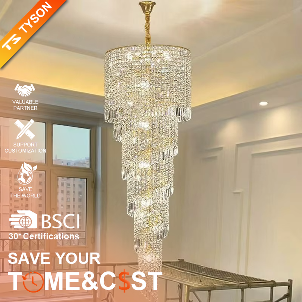 European top-luxury golden crystal spiral gradient small high-ceiling chandelier, warm light effect, creating a luxurious and grand space atmosphere.