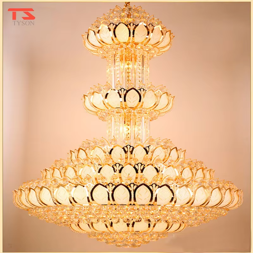 Southeast Asian religious-style multi-layer lotus-shaped golden crystal chandelier, layered lotus structure + full golden crystal material + warm light effect, creating a solemn and luxurious religious atmosphere.
