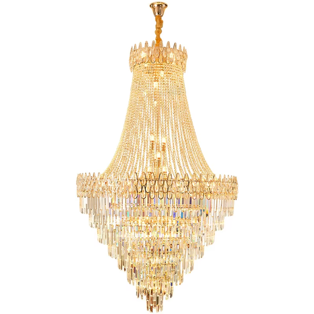 Top-tier luxurious golden frame multi-layer long crystal high-ceiling chandelier, brilliant warm light through crystals, suitable for large-scale high-ceiling spaces.