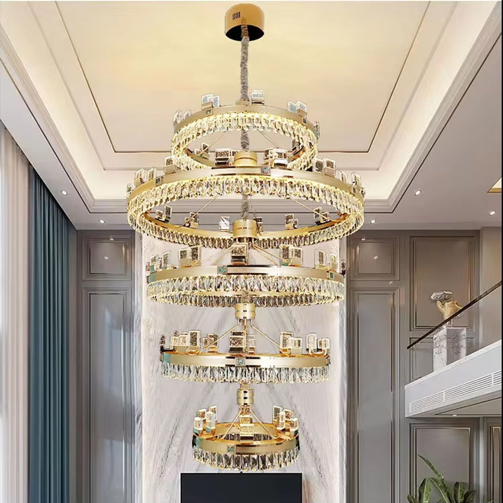 Luxurious multi-layer gold ring crystal square decor chandelier, gold ring frame + crystal pendants + square decorations, brilliant and gorgeous lighting, creating a top-tier high-end luxurious atmosphere.
