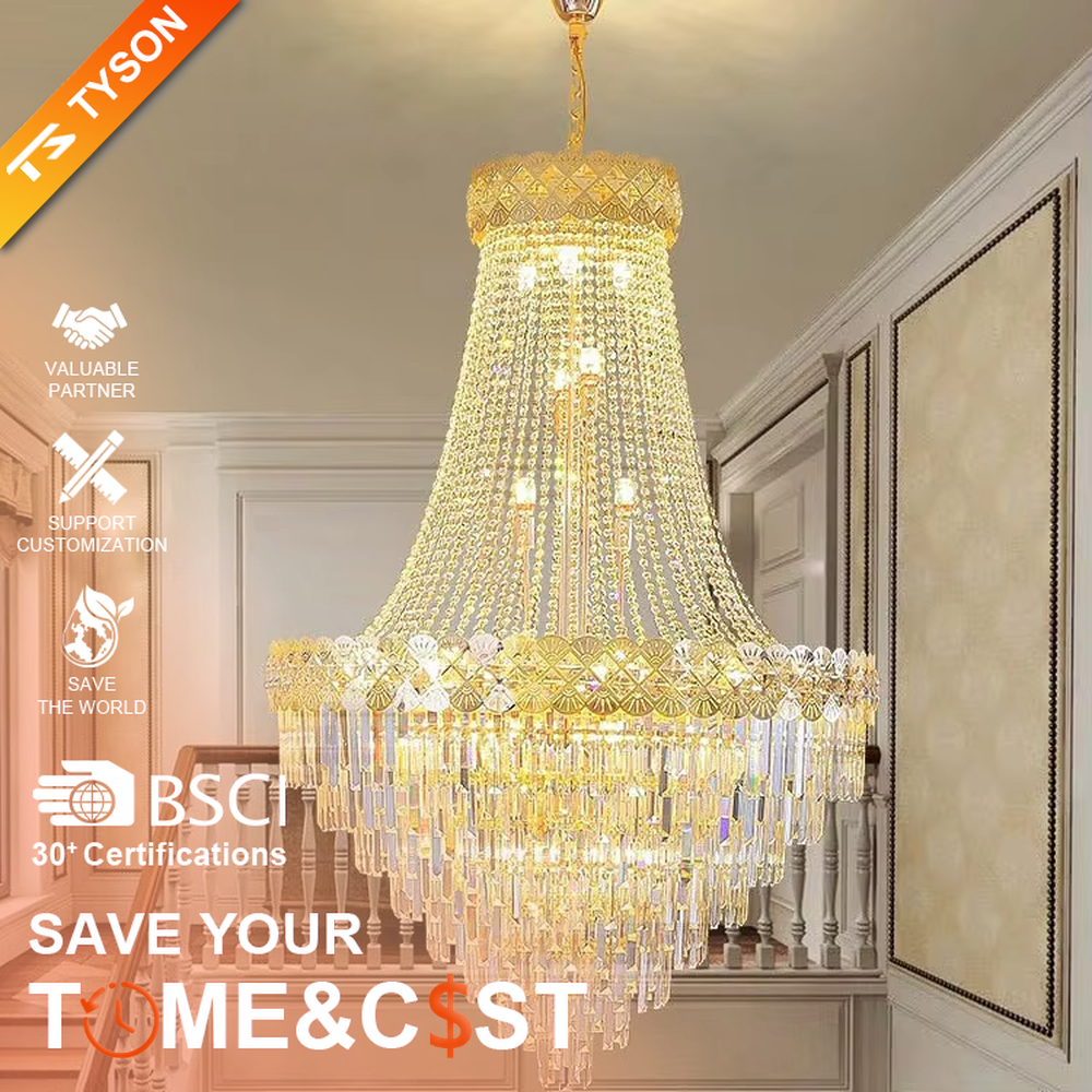 European-style top-luxury full golden frame crystal multi-layer tower chandelier, warm light effect, creating a gorgeous and solemn luxurious atmosphere.