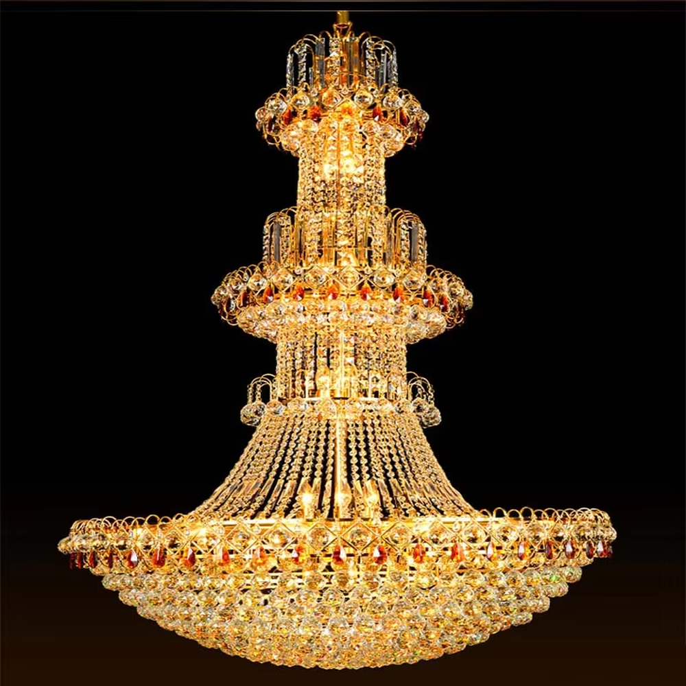 Luxurious multi-layer golden metal frame crystal chandelier, inlaid with gold and red two-color crystals, brilliant and gorgeous lighting, creating a noble-level luxurious atmosphere.