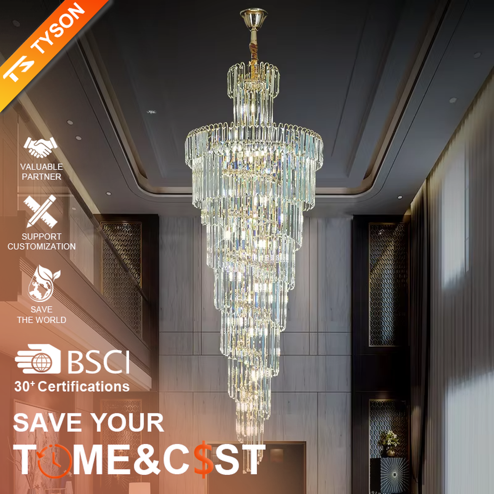 European palace-style multi-layer golden frame long crystal high-ceiling chandelier, warm light effect, creating a luxurious noble space atmosphere.