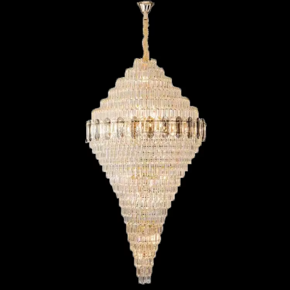 Luxurious conical full-crystal chandelier, golden metal frame + dense long crystal pendants, brilliant and gorgeous lighting, creating a high-end luxurious atmosphere.
