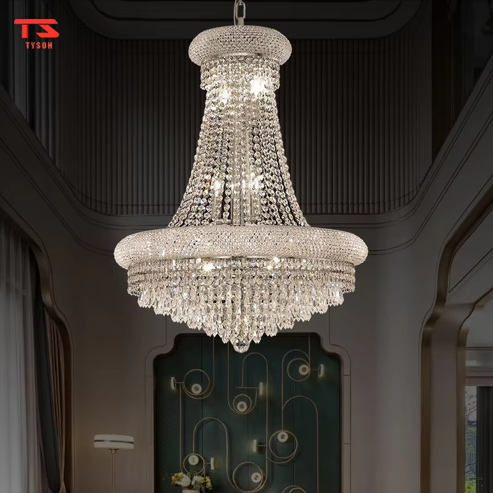 European top-luxury golden frame double-layer crystal (with spherical decoration) chandelier, warm light effect, creating an extremely gorgeous noble atmosphere.