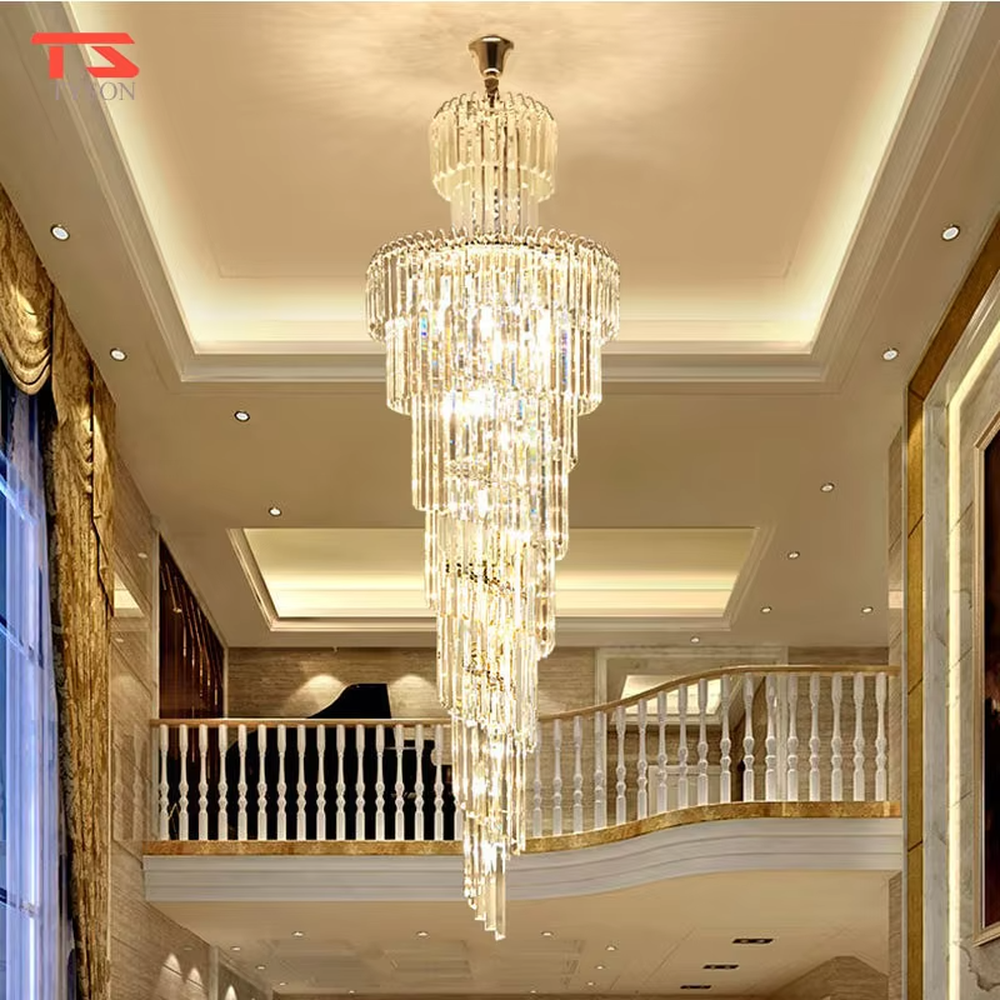 Top-tier luxurious multi-layer crystal column high-ceiling chandelier, stacked transparent long crystal columns + brilliant refraction light effect, creating a noble luxurious high-ceiling space atmosphere.