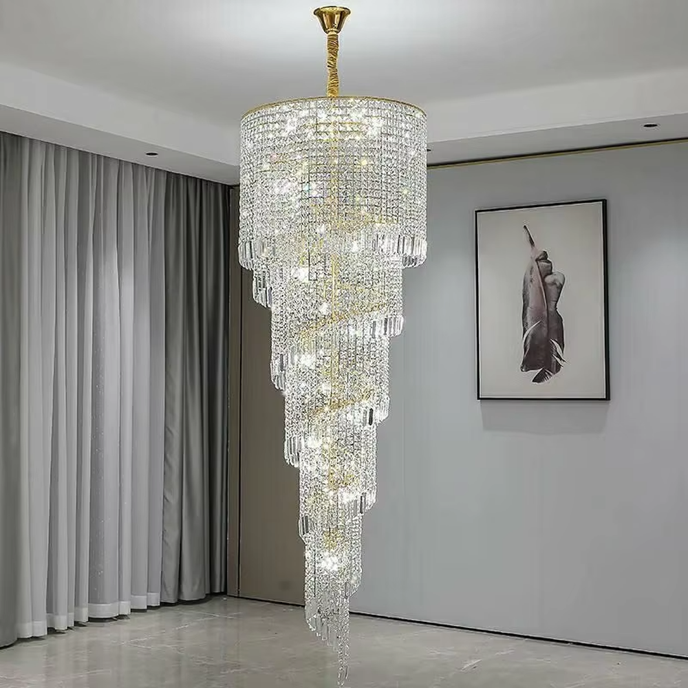 European top-luxury golden crystal spiral gradient small high-ceiling chandelier, warm light effect, creating a luxurious and grand space atmosphere.