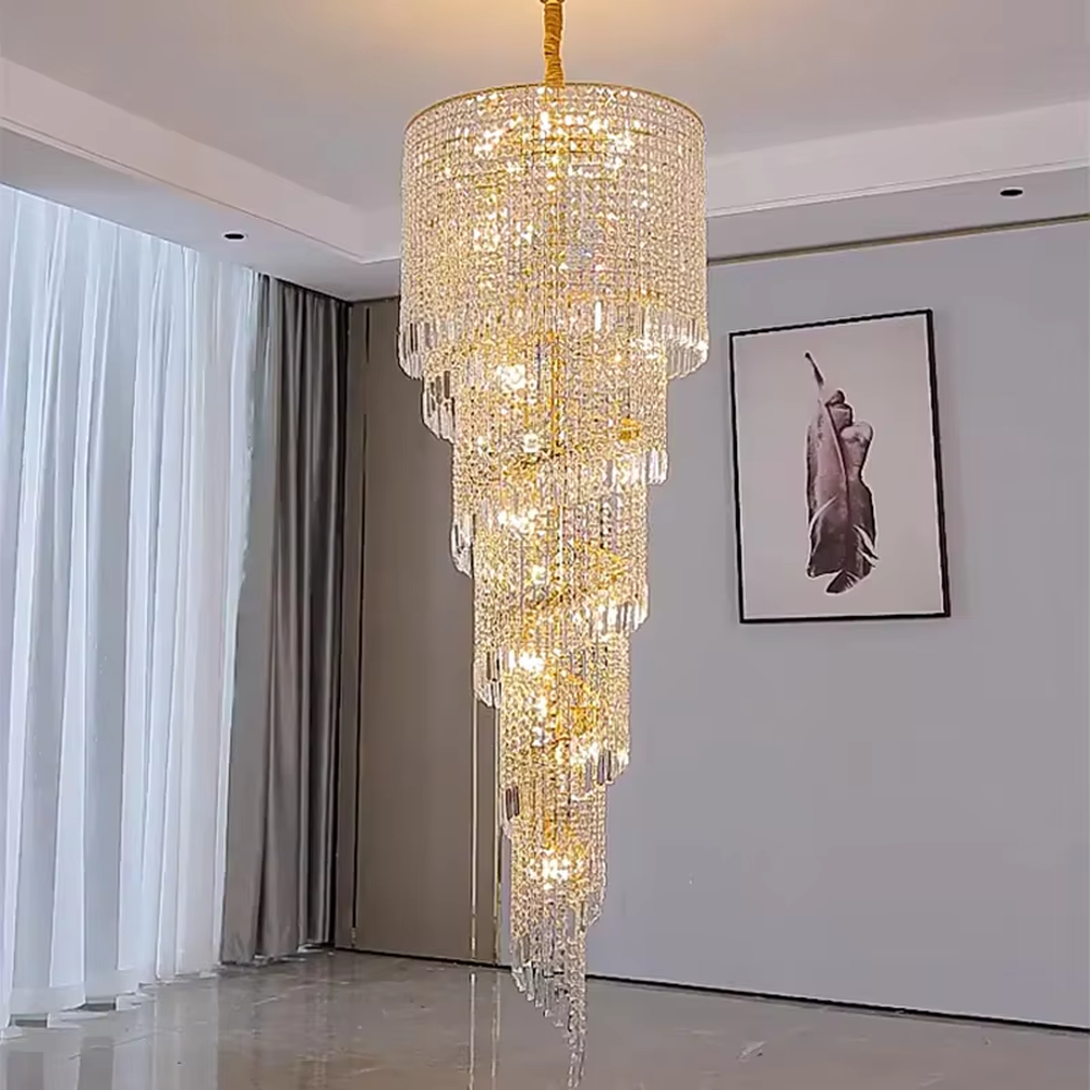 European top-luxury golden crystal spiral gradient small high-ceiling chandelier, warm light effect, creating a luxurious and grand space atmosphere.
