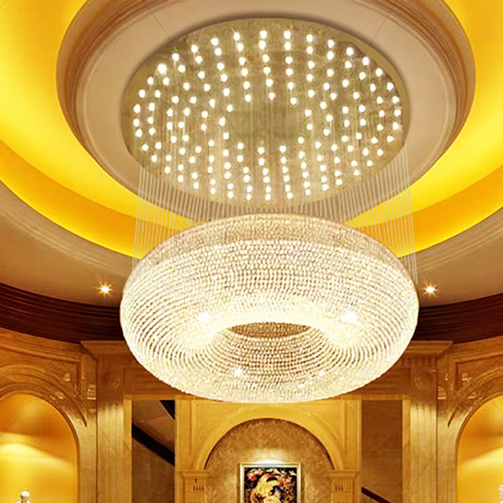 Luxury double-layer crystal ceiling chandelier (full-crystal ring + dot matrix light source), warm light effect, creating an extremely luxurious high-end space atmosphere.