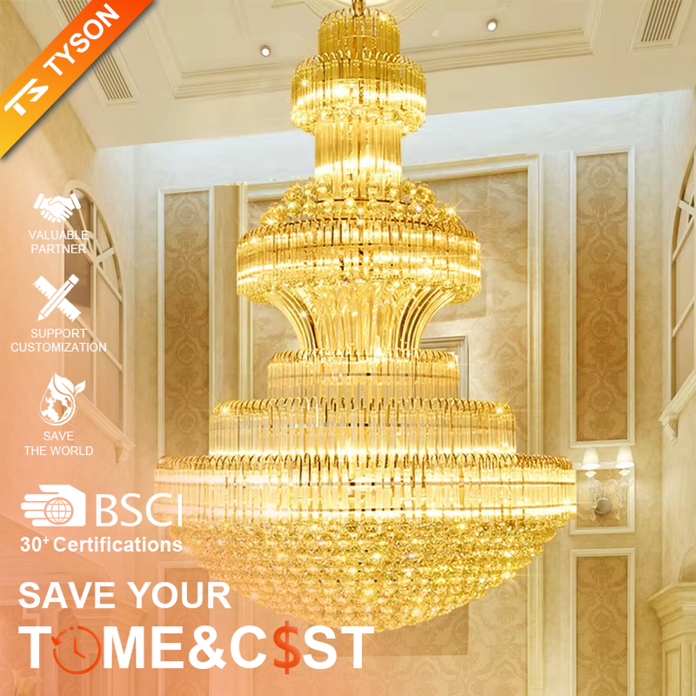 Top-luxury golden multi-layer crystal tower-shaped chandelier, warm light effect, creating a magnificent and luxurious royal-level space atmosphere.